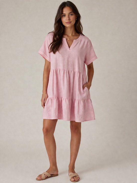 Northern Reflections Dresses & Skirts - Northern Reflections pink linen dress M tiered oversized lagenlook cottage core